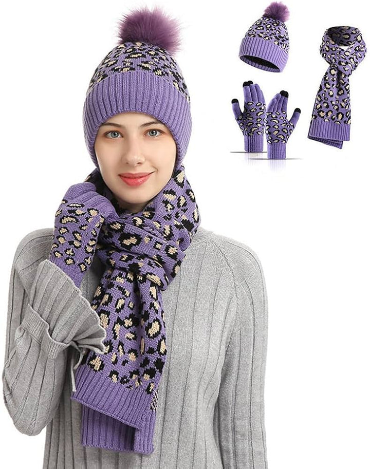 3-piece Women's Crochet Bobble Beanie, Scarf, and Touchscreen Mittens Winter Set