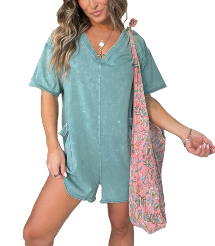 Women's Casual Mineral Washed Tee Romper with Pockets