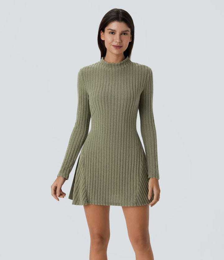 Casual Ribbed Mock Neck Mini Dress