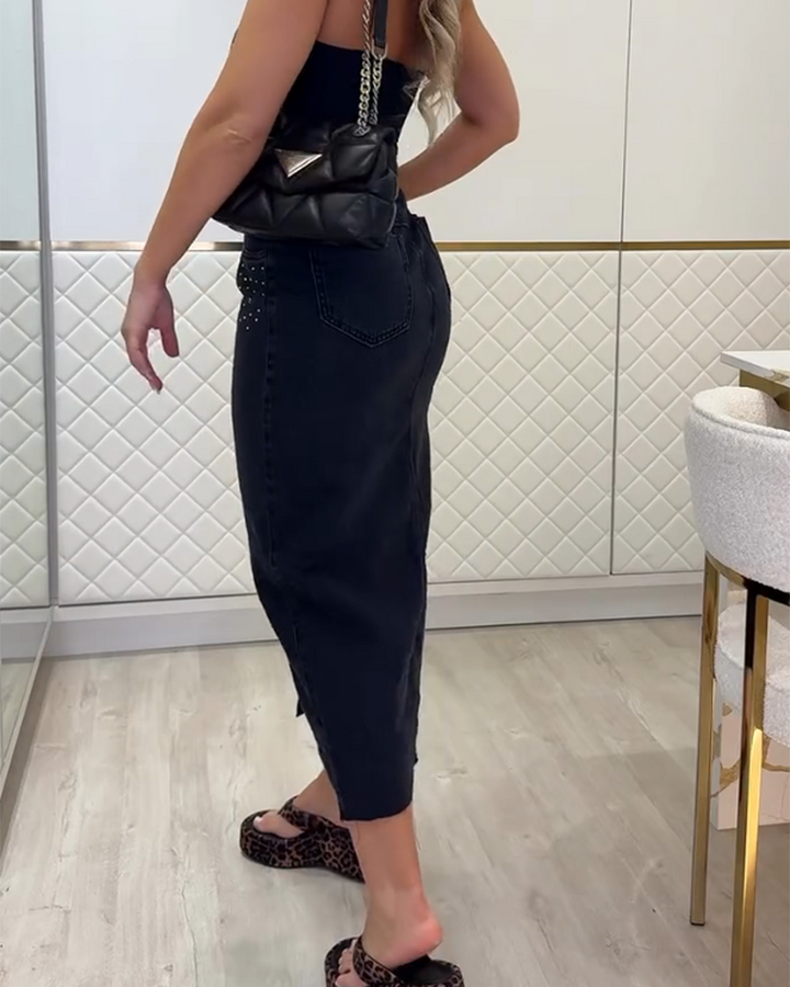 Diamond-Studded Denim Skirt