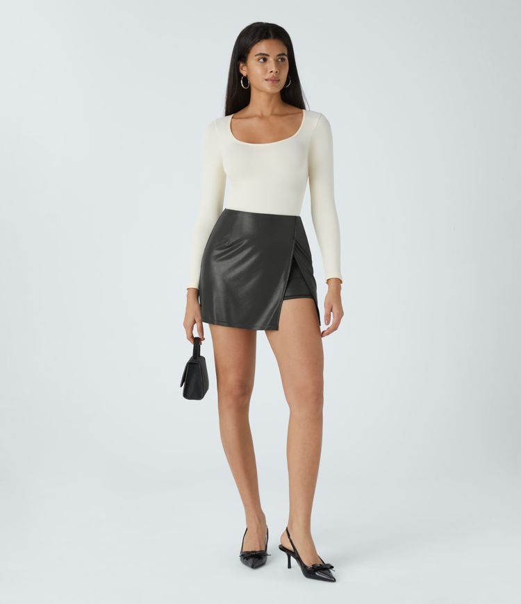 GentlyChic™ 2-in-1 Faux Leather Mini Skirt with High Waist and Slit Hem