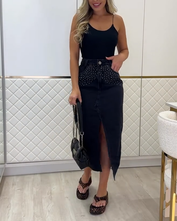 Diamond-Studded Denim Skirt