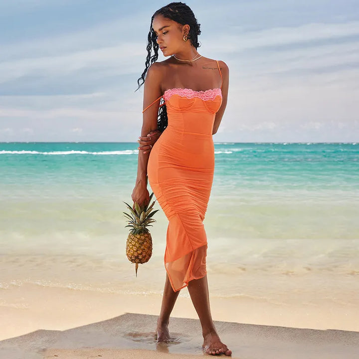 hot girl resort style suspender backless long skirt