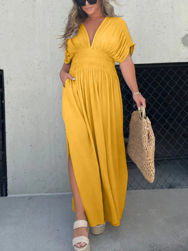 Slit V-Neck Effortless Maxi Long Dress