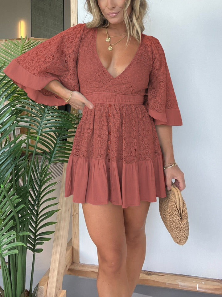 Sexy Deep V-Neck Flared Sleeves Mini Dress