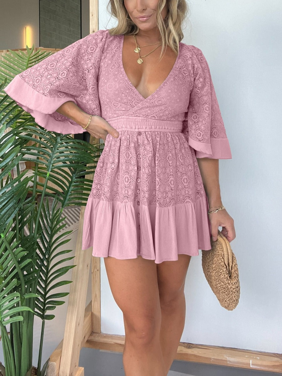 Sexy Deep V-Neck Flared Sleeves Mini Dress