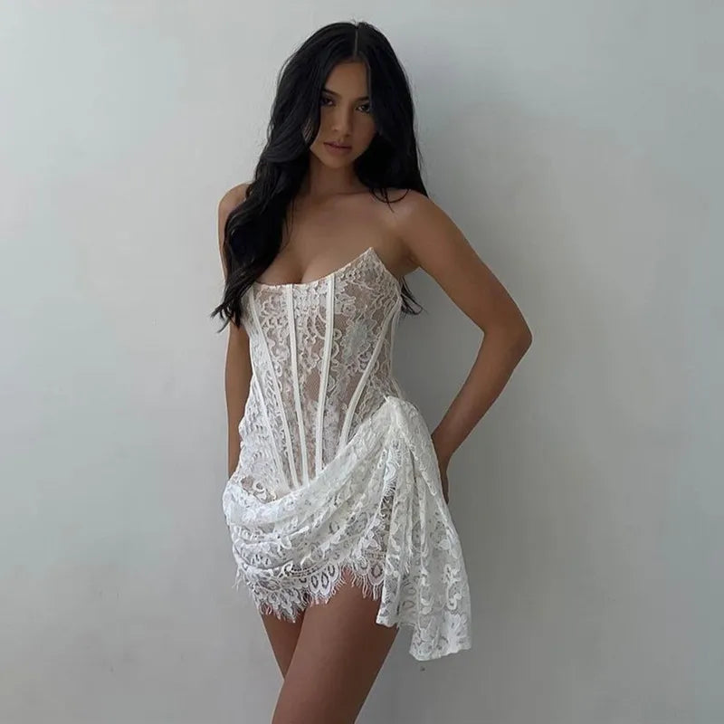 Sexy Lace Mesh One-Shoulder Bandeau Slightly Transparent Slim Dress