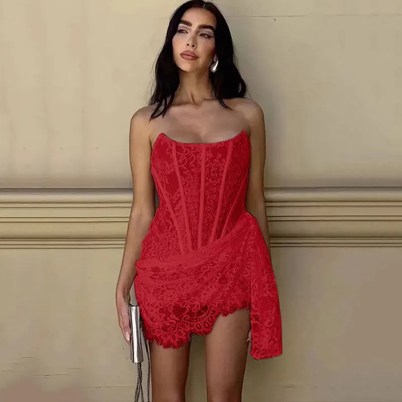 Sexy Lace Mesh One-Shoulder Bandeau Slightly Transparent Slim Dress