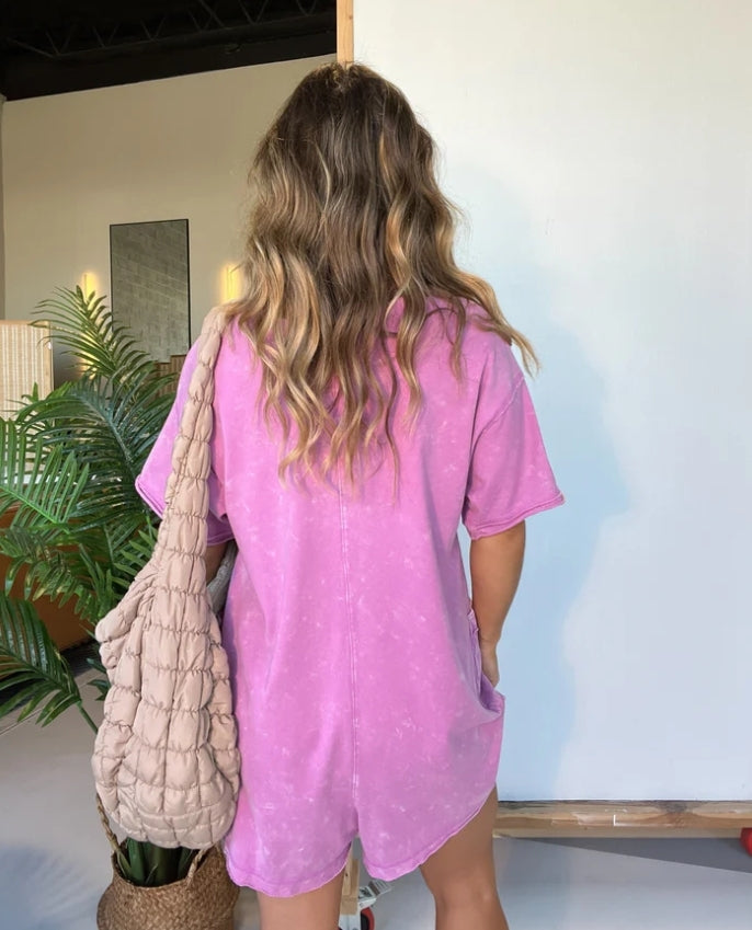 Women's Casual Mineral Washed Tee Romper with Pockets