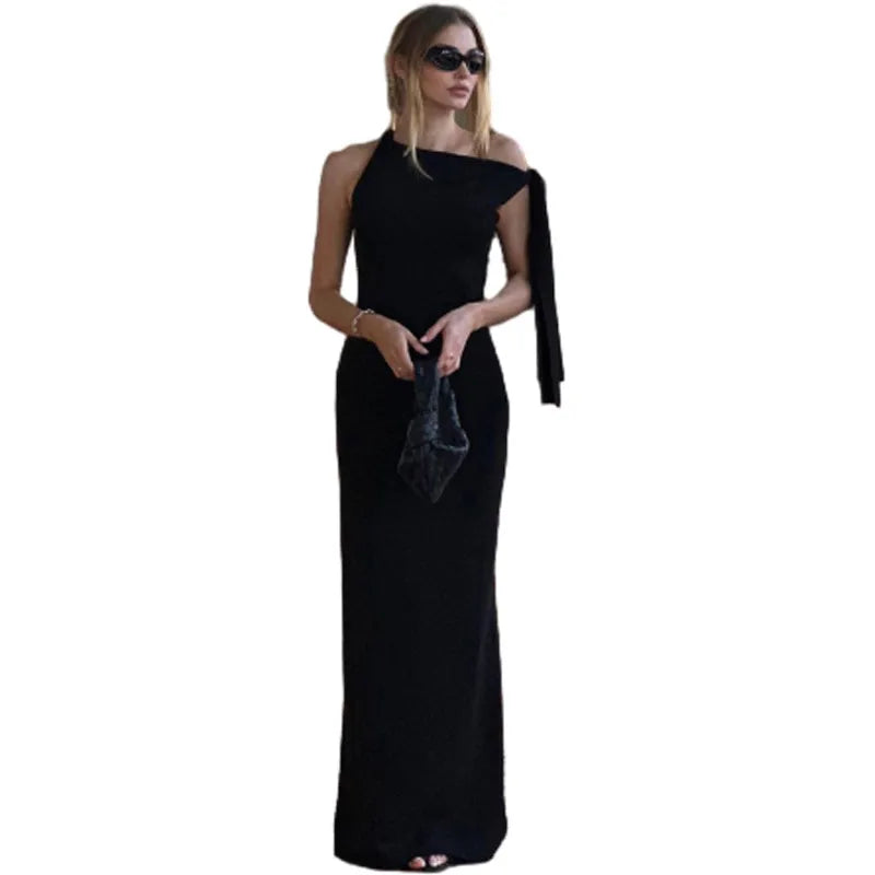 casual slanted shoulder comfortable slim sleeveless hip wrap dress