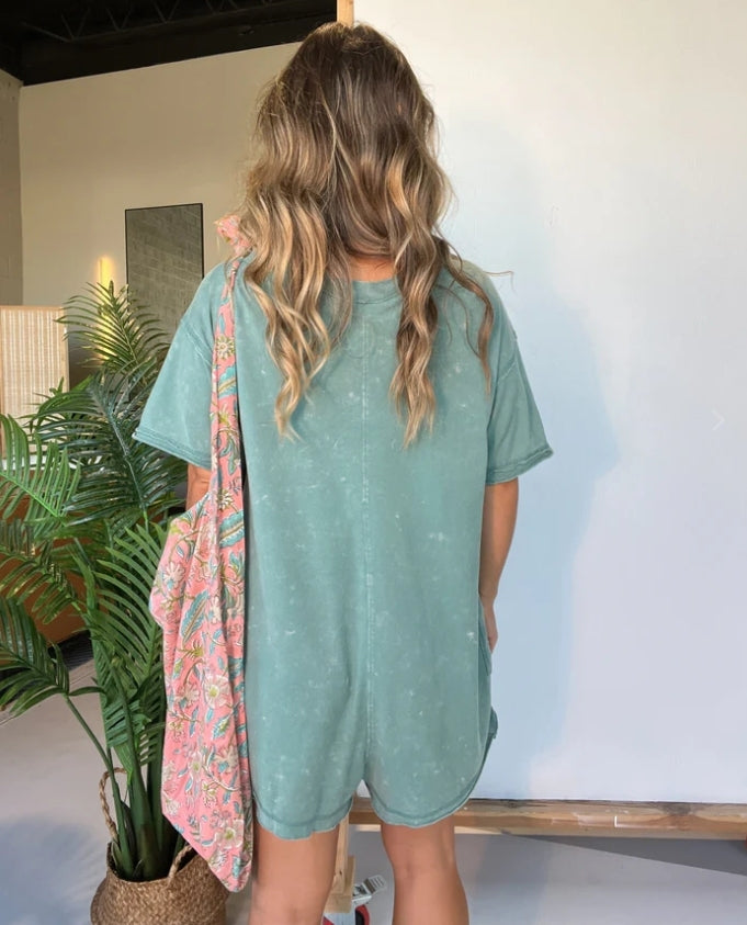 Women's Casual Mineral Washed Tee Romper with Pockets