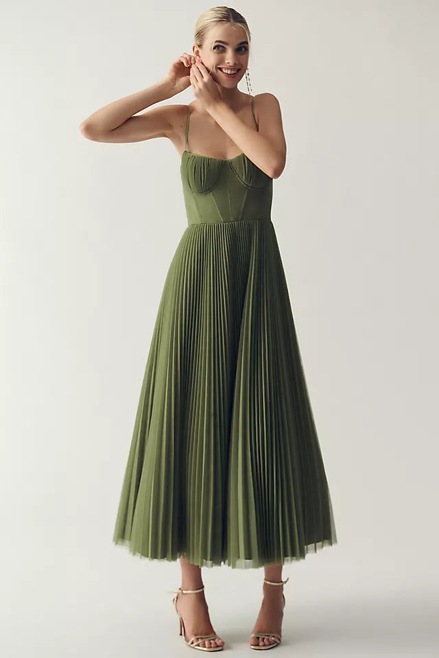 Bustier Pleated Tulle Fit & Flare Midi Dress