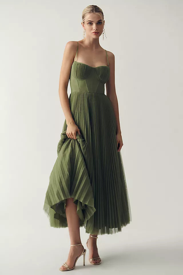 Bustier Pleated Tulle Fit & Flare Midi Dress