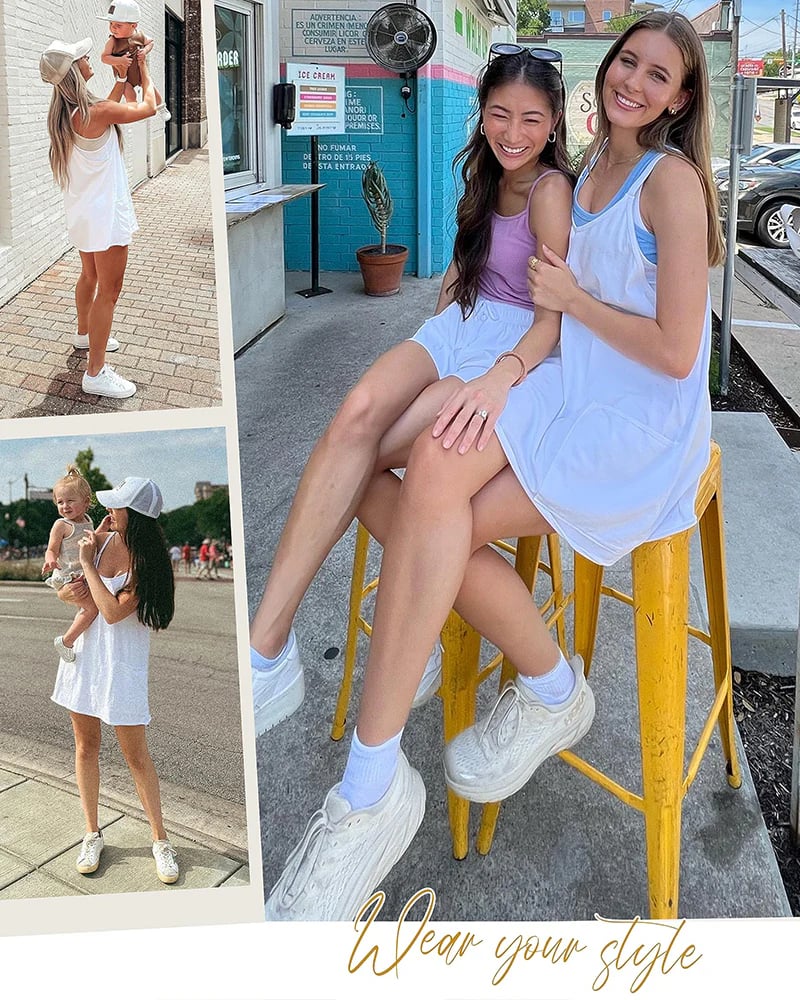 Womens Athletic Sleeveless Mini Dress with Built-in Shorts V Neck Spaghetti Strap Short Tennis Dress with Pockets