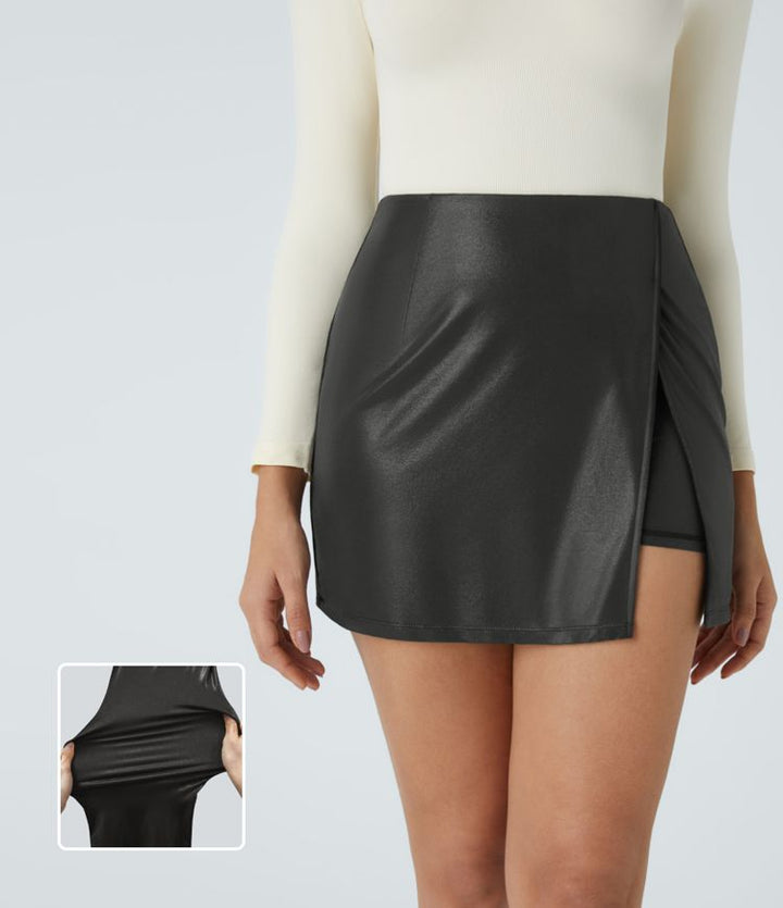 GentlyChic™ 2-in-1 Faux Leather Mini Skirt with High Waist and Slit Hem