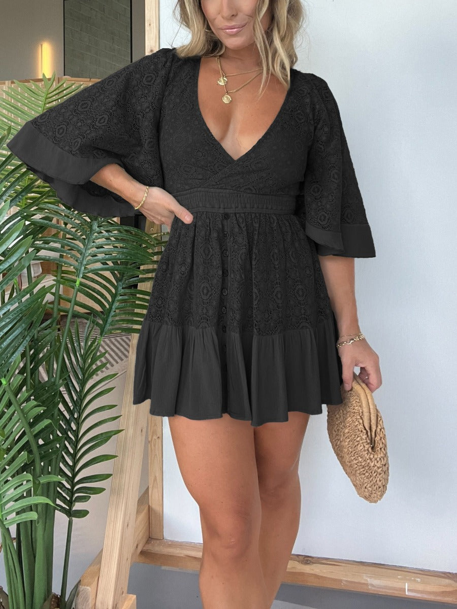 Sexy Deep V-Neck Flared Sleeves Mini Dress