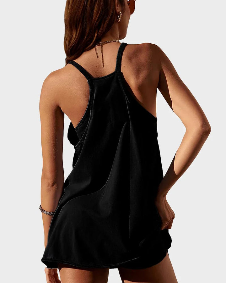 Womens Athletic Sleeveless Mini Dress with Built-in Shorts V Neck Spaghetti Strap Short Tennis Dress with Pockets