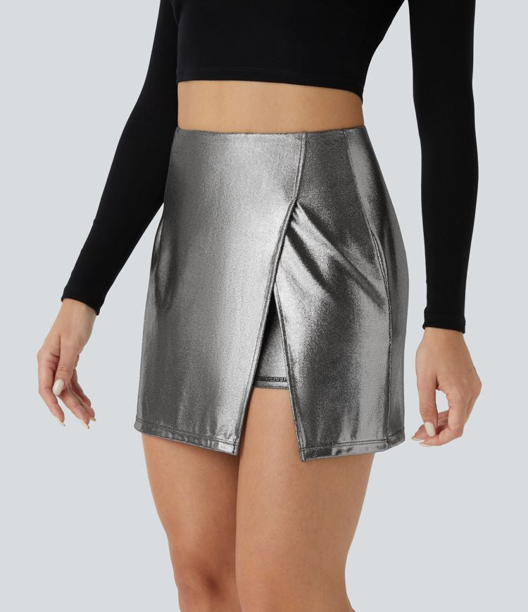 GentlyChic™ 2-in-1 Faux Leather Mini Skirt with High Waist and Slit Hem