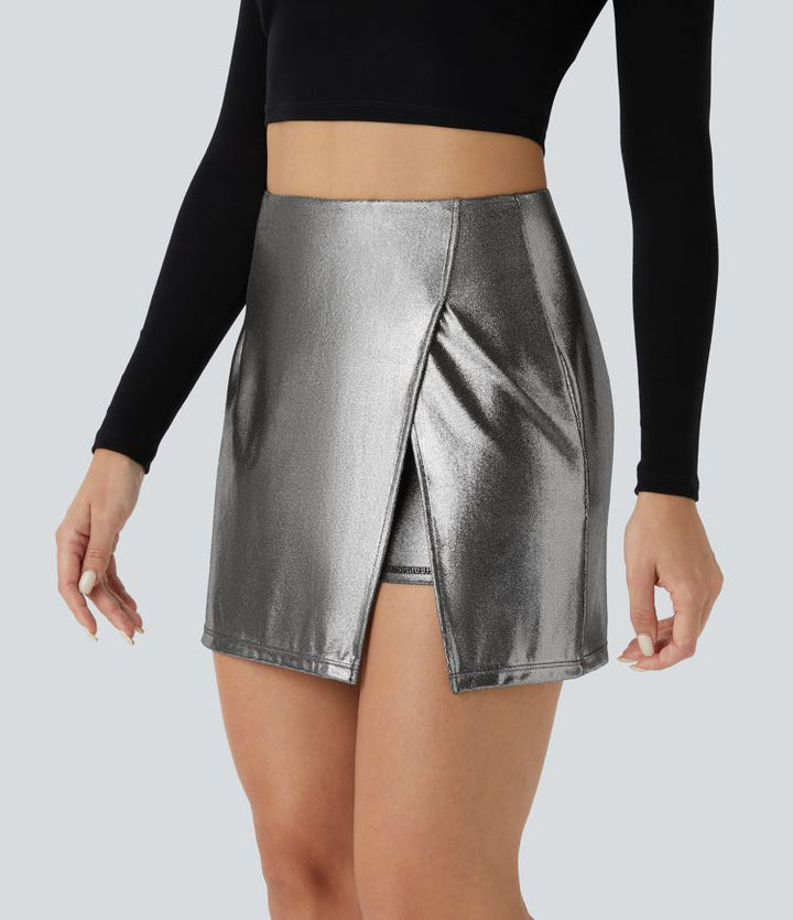 GentlyChic™ 2-in-1 Faux Leather Mini Skirt with High Waist and Slit Hem