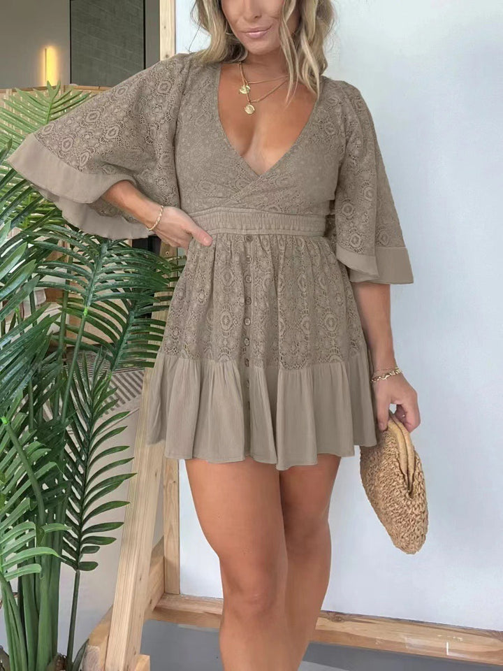 Sexy Deep V-Neck Flared Sleeves Mini Dress