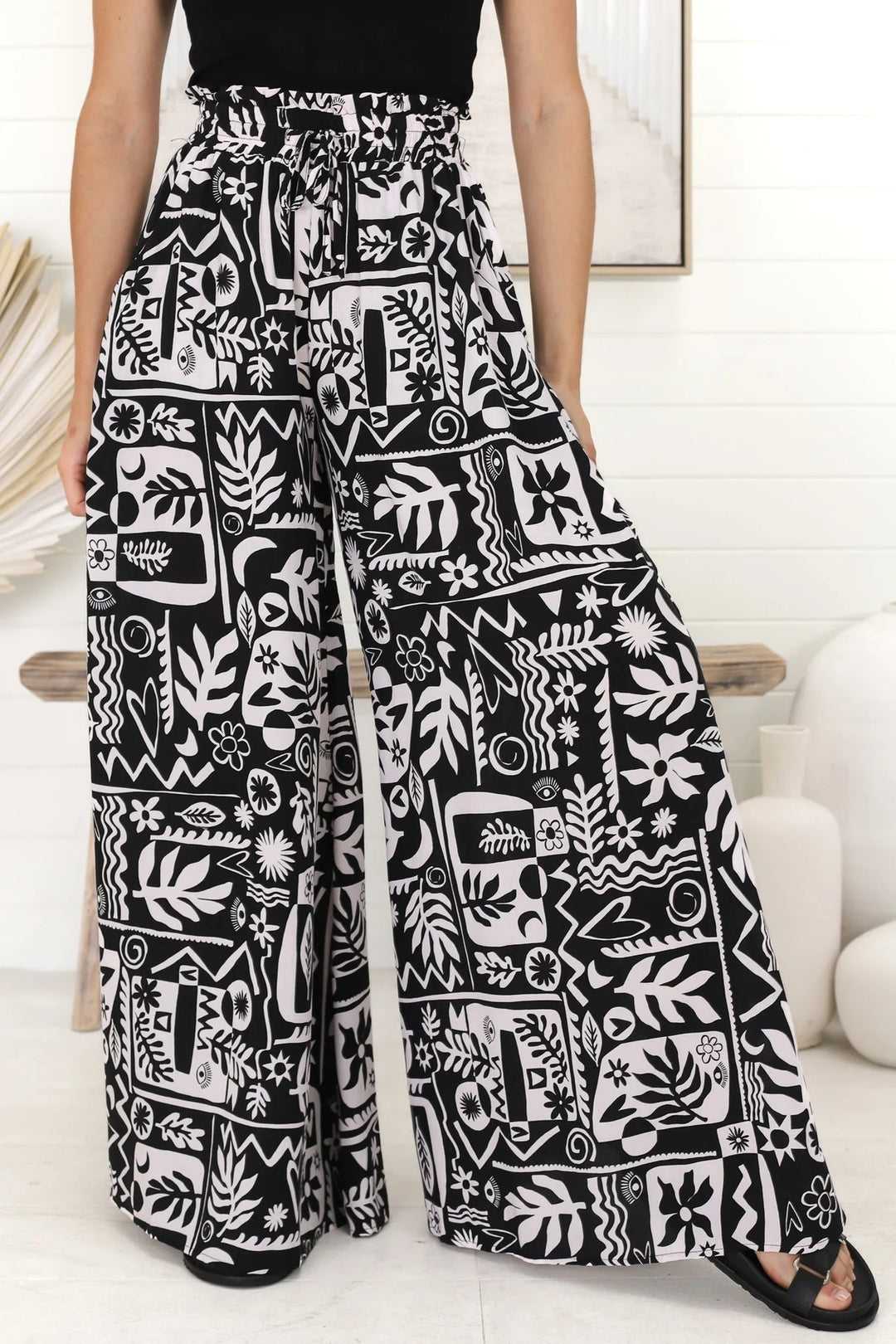 Ashora Pants - Paper Bag High Waisted Wide Leg Pants with Black & White Graphic Print