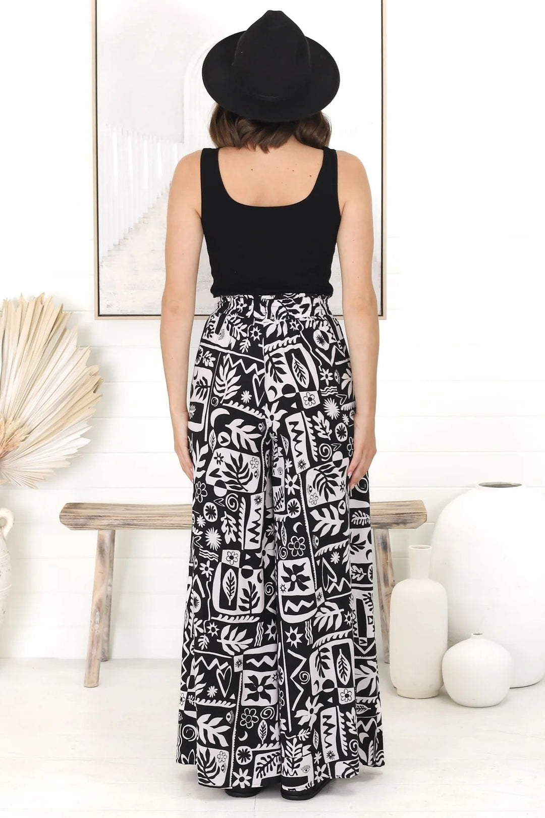 Ashora Pants - Paper Bag High Waisted Wide Leg Pants with Black & White Graphic Print
