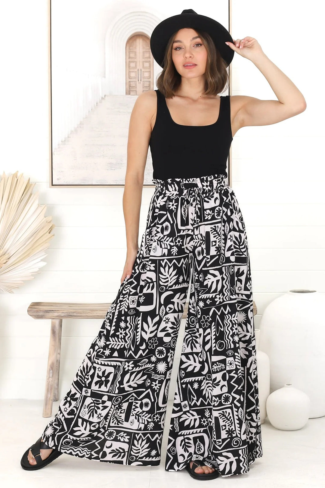 Ashora Pants - Paper Bag High Waisted Wide Leg Pants with Black & White Graphic Print