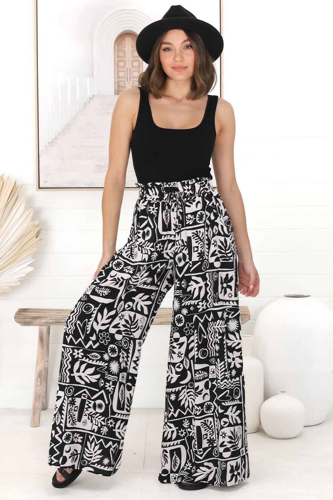 Ashora Pants - Paper Bag High Waisted Wide Leg Pants with Black & White Graphic Print