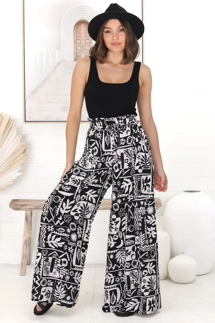 Ashora Pants - Paper Bag High Waisted Wide Leg Pants with Black & White Graphic Print