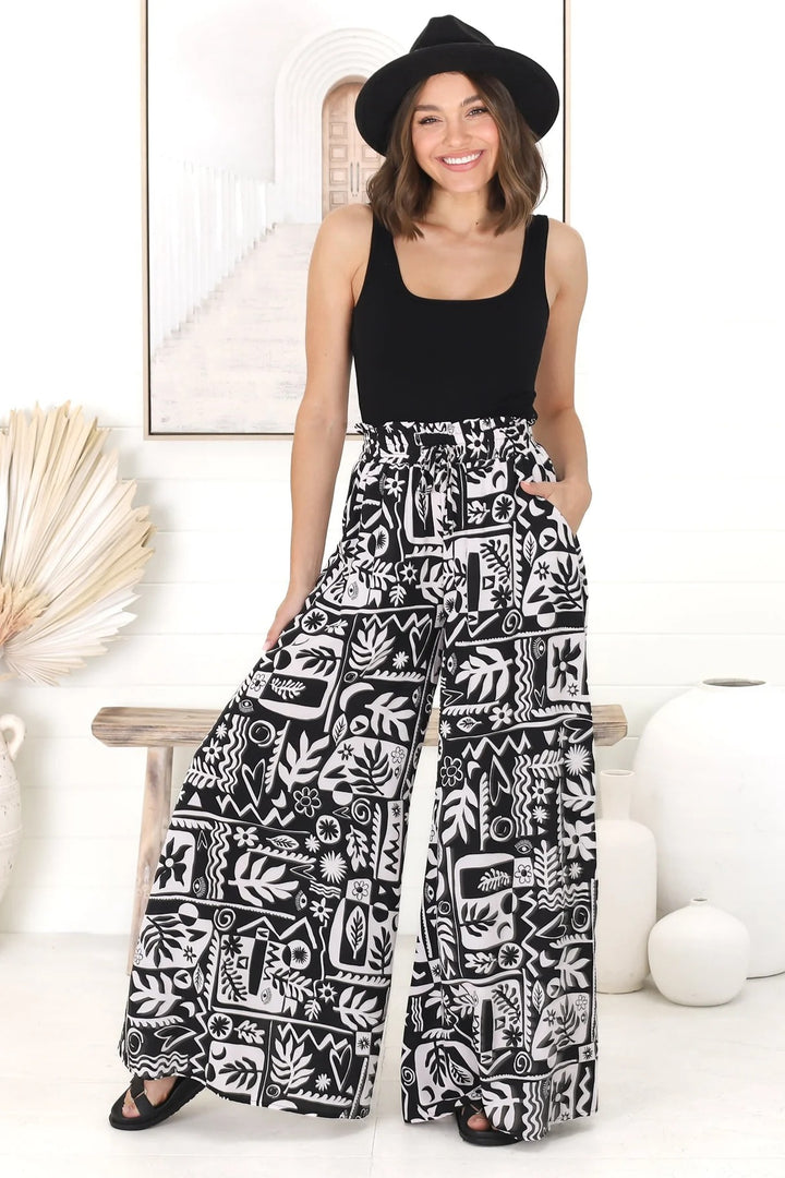 Ashora Pants - Paper Bag High Waisted Wide Leg Pants with Black & White Graphic Print