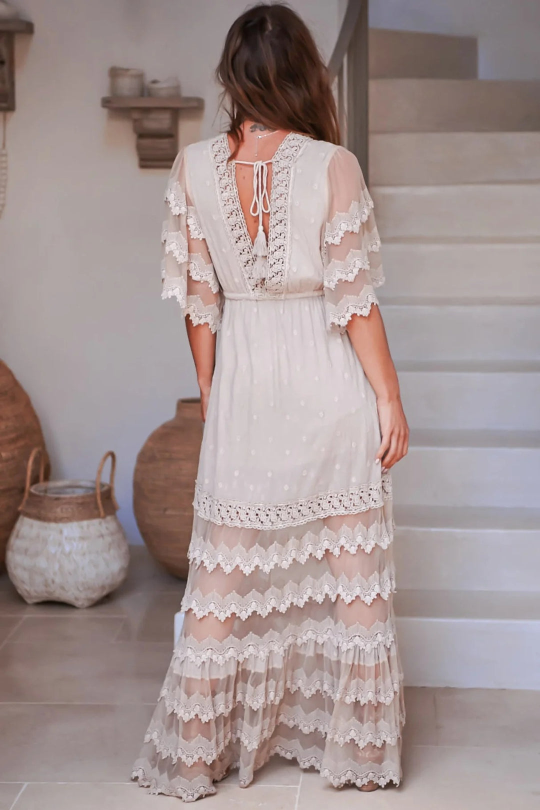 JAASE - Bungalow Maxi Dress: Embroidered Lace Deep V Neck Dress with Open Batwing Sleeves in Sand
