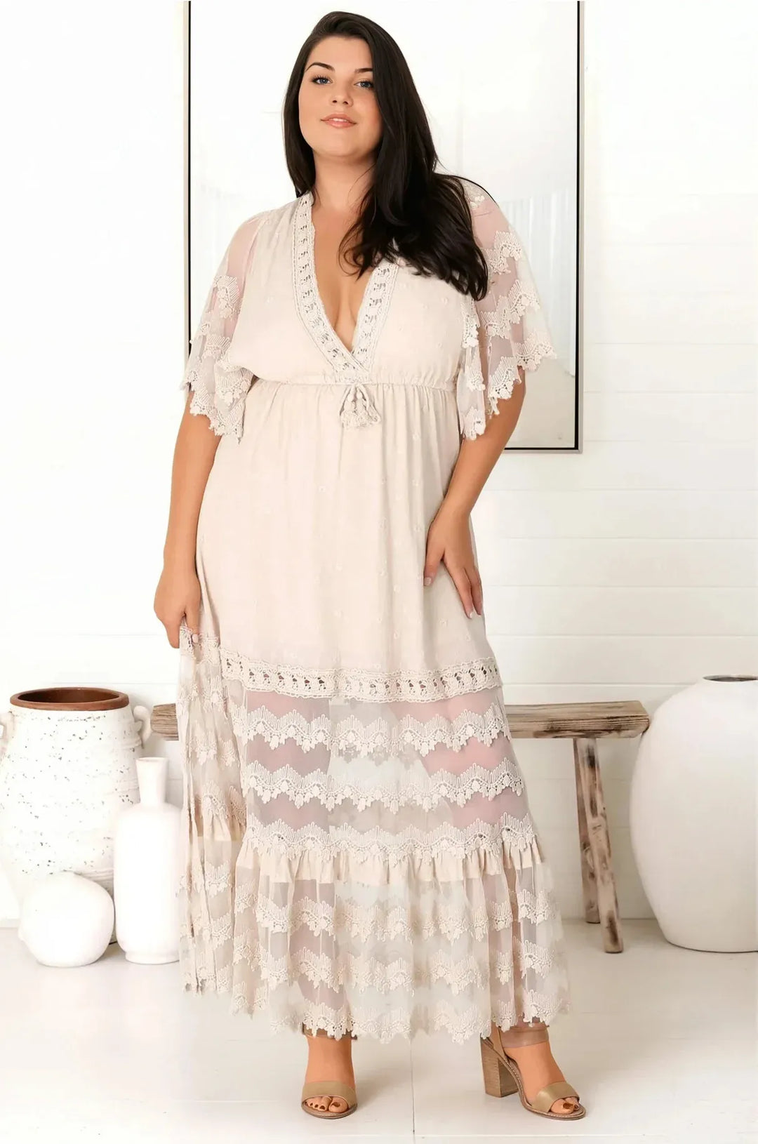 JAASE - Bungalow Maxi Dress: Embroidered Lace Deep V Neck Dress with Open Batwing Sleeves in Sand