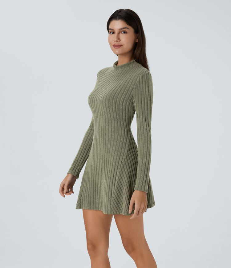 Casual Ribbed Mock Neck Mini Dress