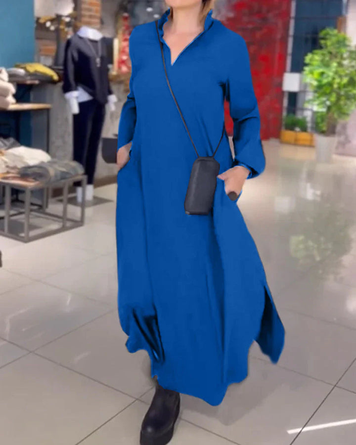 Evia™ | Loose Long Dress with Lapels and Side Slit