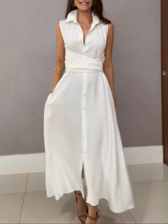 Amelia Elegant Single-Breasted Tie Midi Shirt Dress