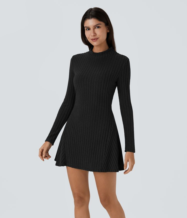 Casual Ribbed Mock Neck Mini Dress