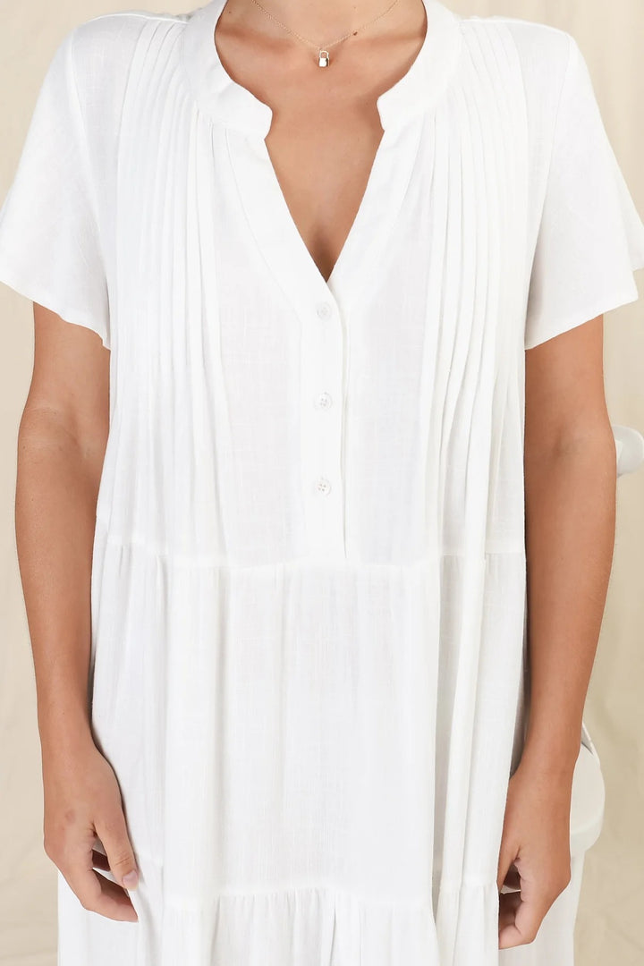 Peggy Midi Dress - Relaxed Mandarin Collar Pleated Bust Tiered Linen Dress in White
