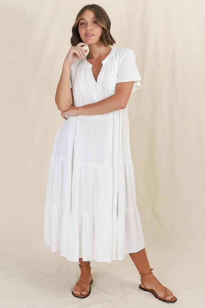 Peggy Midi Dress - Relaxed Mandarin Collar Pleated Bust Tiered Linen Dress in White