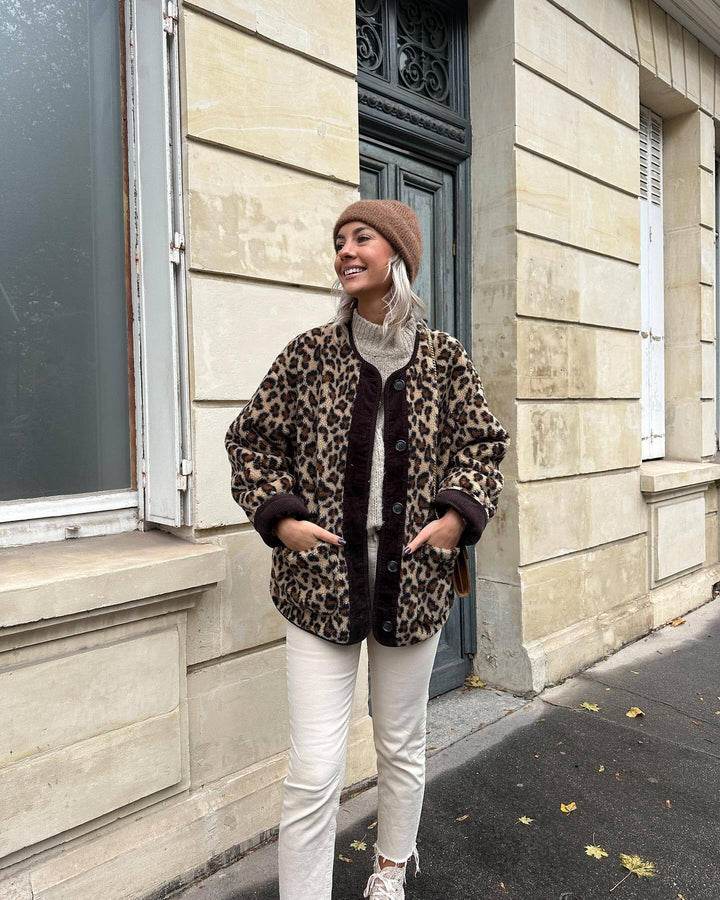 Bramley Women Leopard Print Wool Winter Jacket with Pockets