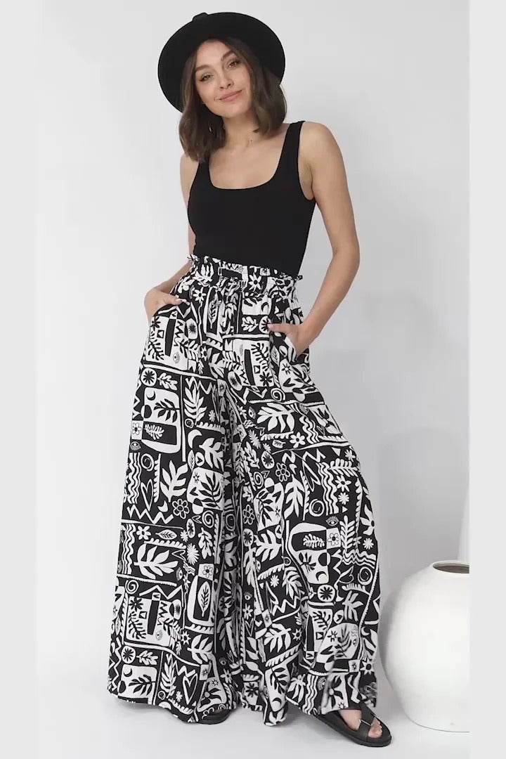 Ashora Pants - Paper Bag High Waisted Wide Leg Pants with Black & White Graphic Print