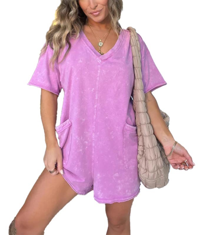 Women's Casual Mineral Washed Tee Romper with Pockets