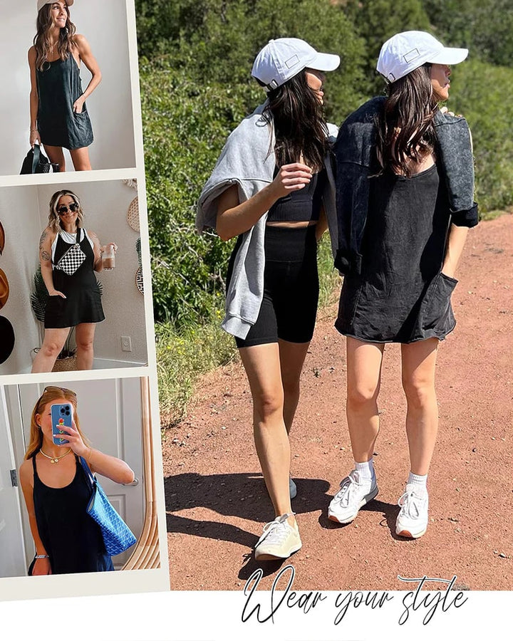 Womens Athletic Sleeveless Mini Dress with Built-in Shorts V Neck Spaghetti Strap Short Tennis Dress with Pockets