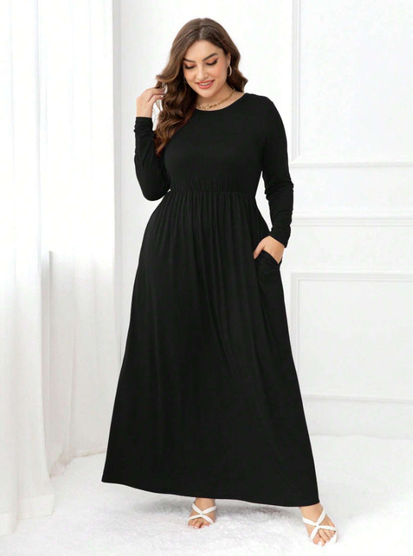 Elegant Plus Size Solid Dress with Hidden Pockets
