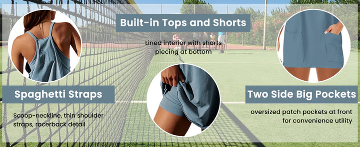 Womens Athletic Sleeveless Mini Dress with Built-in Shorts V Neck Spaghetti Strap Short Tennis Dress with Pockets
