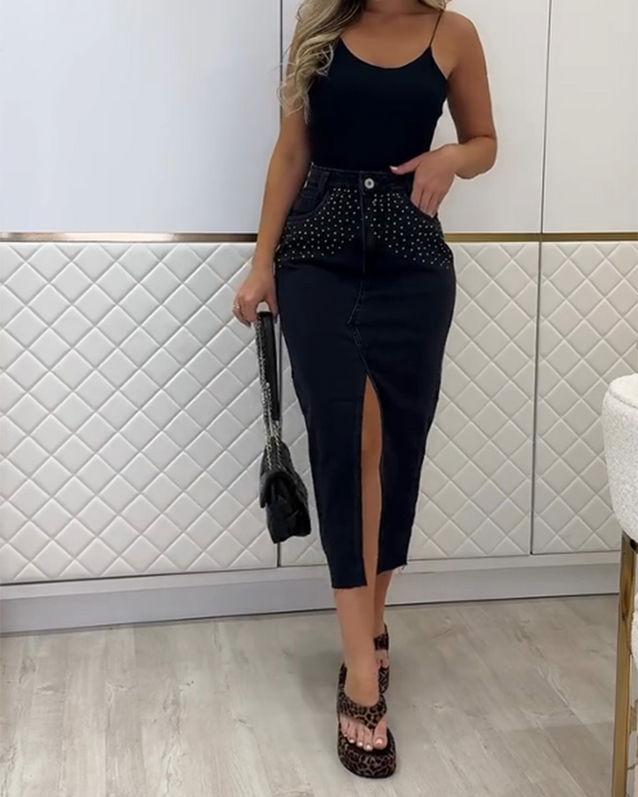 Diamond-Studded Denim Skirt