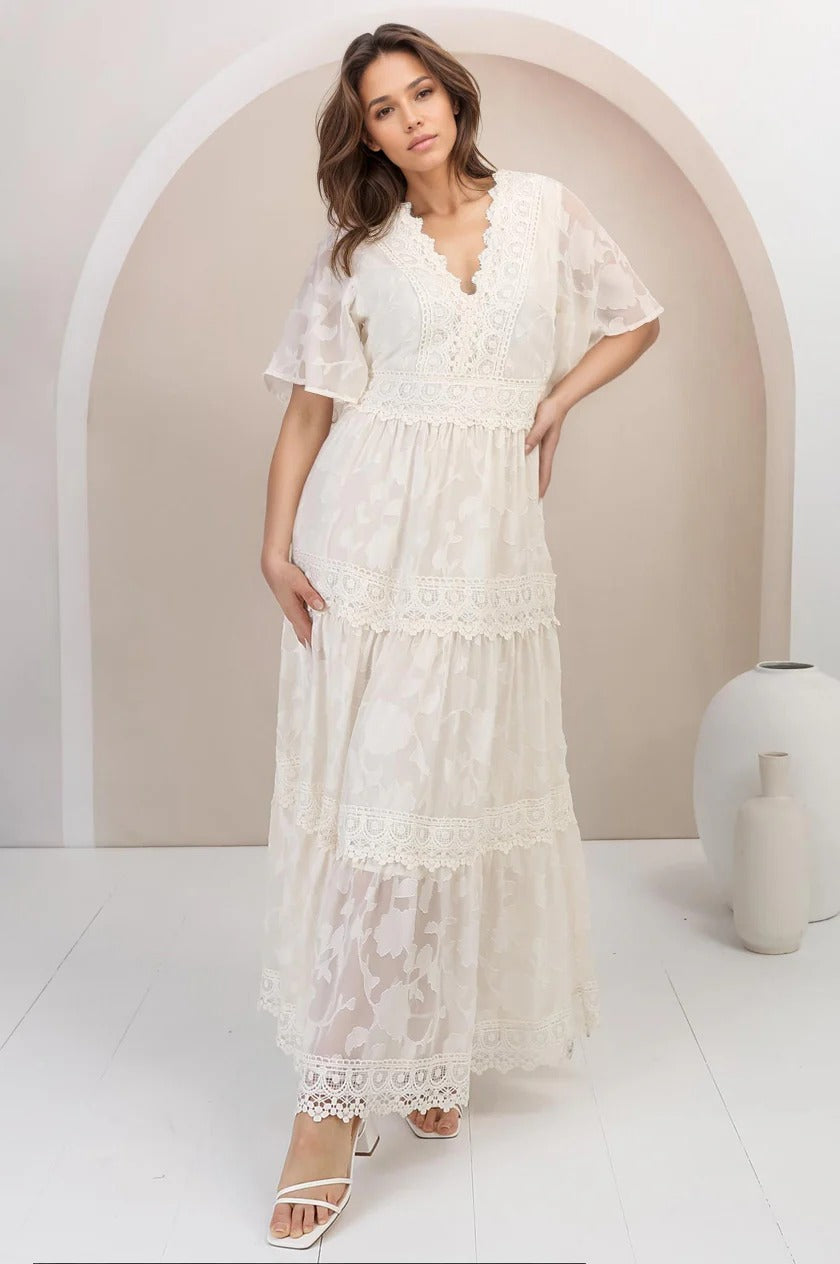 Madeline Maxi Dress - Lace Trim Embroidered A Line Dress in Cream