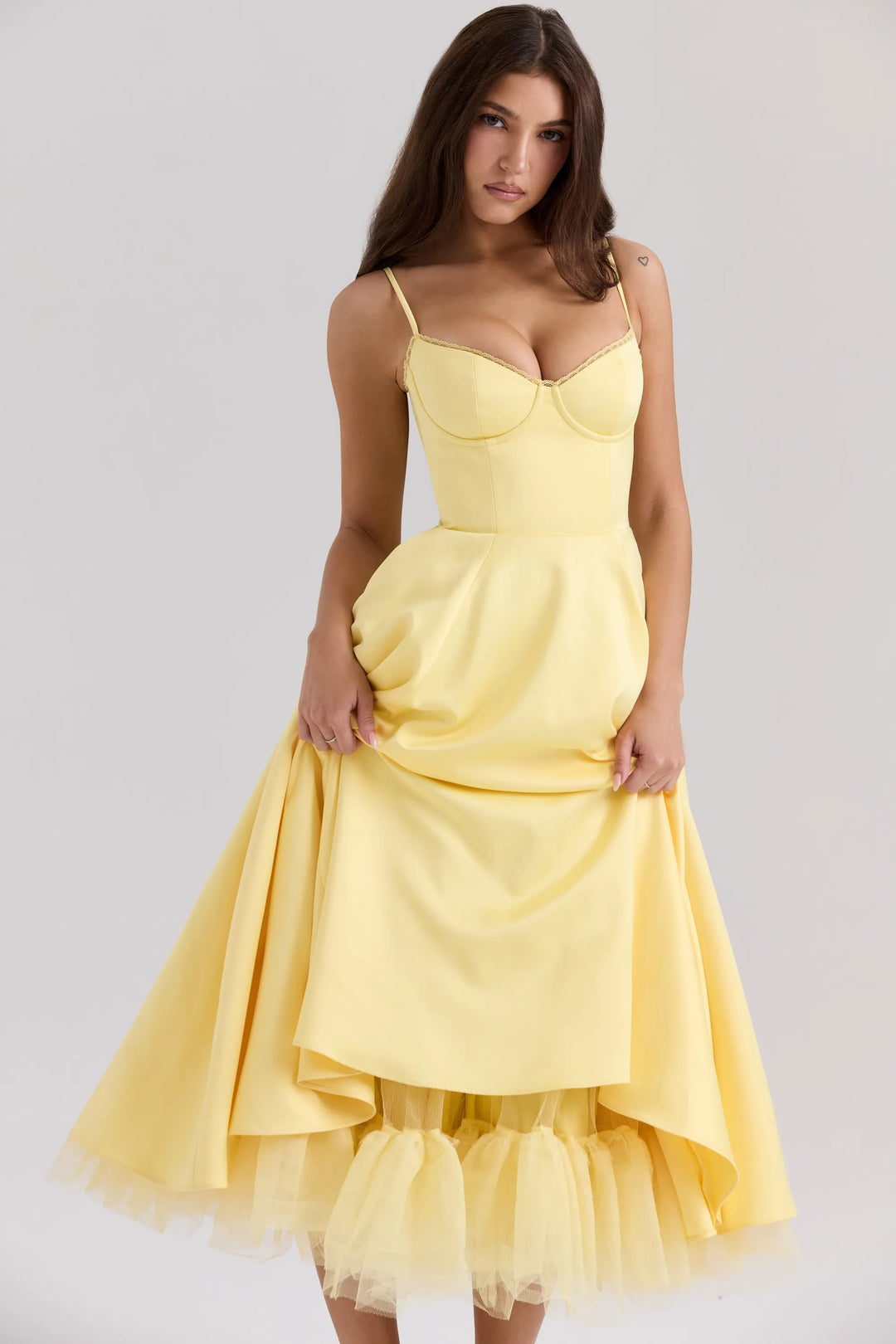 Sunshine Yellow Satin Tulle Midi Dress