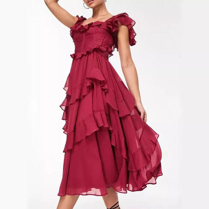 Mia Elegant Square Neck Ruffle Backless Dress