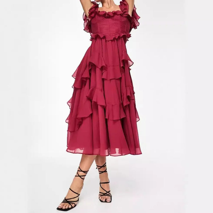 Mia Elegant Square Neck Ruffle Backless Dress
