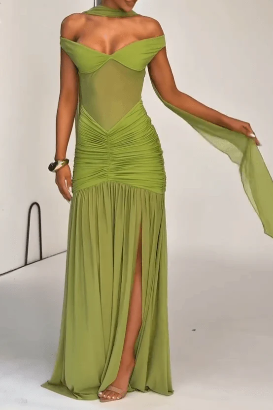 Annie Elegant Olive V-Shoulder Maxi Dress